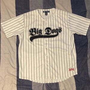 Big Dogs Mens Baseball Jersey Sz L Pinstripes White Y2K Embroidered